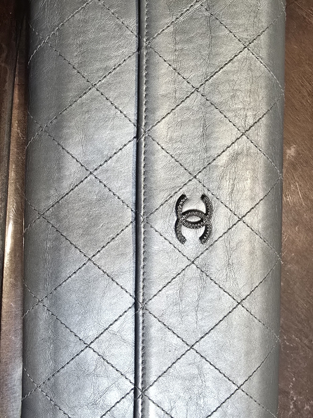 CHANEL Metallic Silver Quilted Leather Long Wallet with Black CC